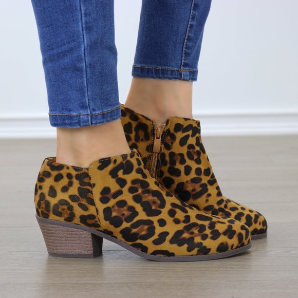 Shoes - Faux Suede Leopard Print Ankle Booties